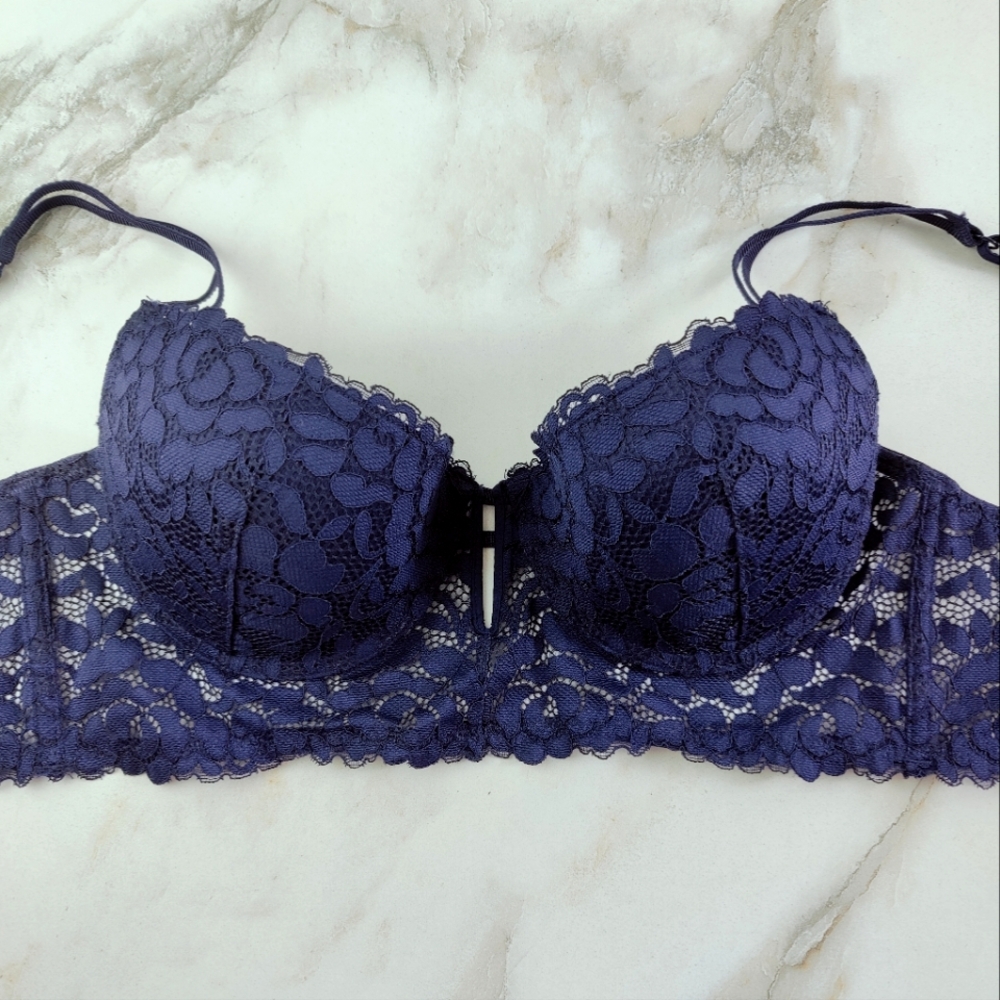 EUC Undiz Navy Blue Lace Push Up Balconette Bustier Bra, Sz 34C